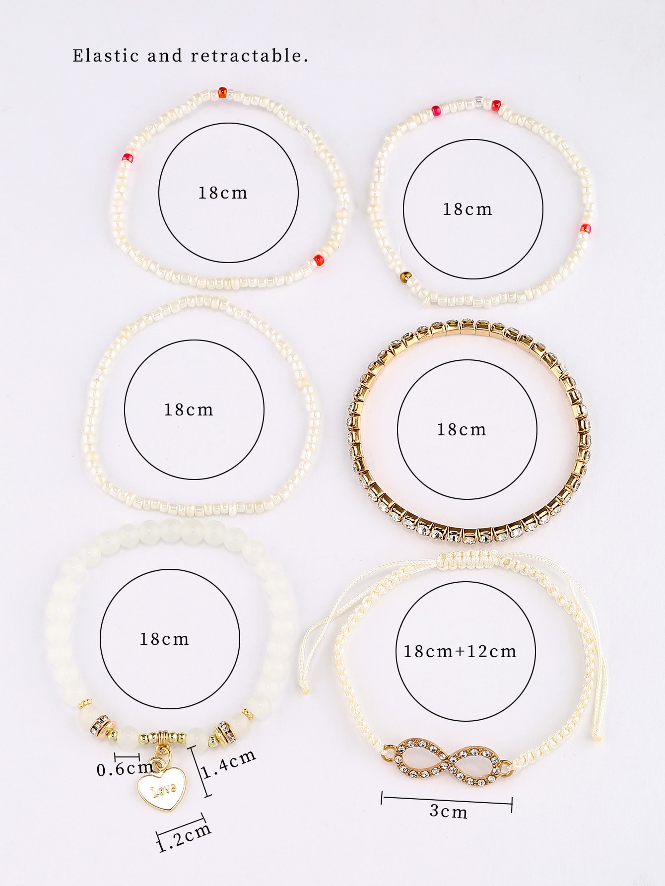 6pcs Heart Charm Beaded Bracelet