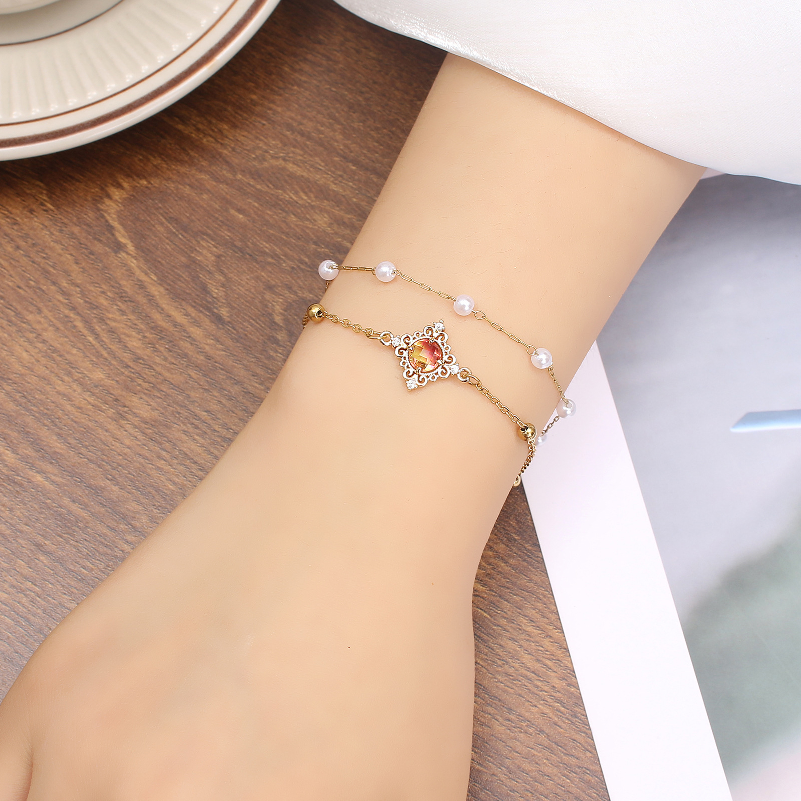 Wholesale Simple Style Round Stainless Steel Imitation Pearl Handmade Inlay Zircon Bracelets